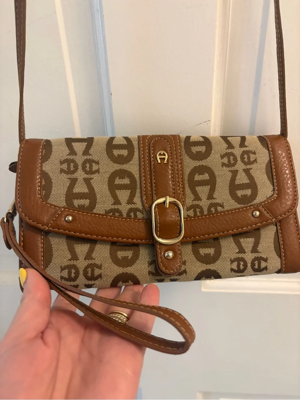 Etienne Aigner Tan and Beige Monogram Crossbody Wallet